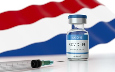 COVID 19 Vaccine approved and launched in Netherlands. Corona Virus SARS CoV 2, 2021 nCoV vaccine delivery. Netherlands flag on background and vaccine bottle. 3D illustration 