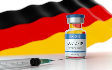 COVID 19 Vaccine approved and launched in Germany. Corona Virus SARS CoV 2, 2021 nCoV vaccine delivery. Germany flag on background and vaccine bottle. 3D illustration 
