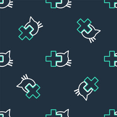Line Veterinary clinic symbol icon isolated seamless pattern on black background. Cross with cat veterinary care. Pet First Aid sign. Vector.
