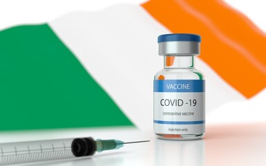 COVID 19 Vaccine approved and launched in Ireland. Corona Virus SARS CoV 2, 2021 nCoV vaccine delivery. Ireland flag on background and vaccine bottle. 3D illustration 
