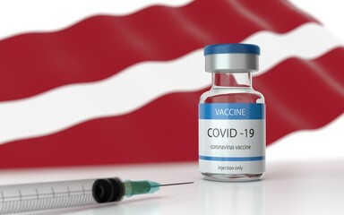 COVID 19 Vaccine approved and launched in Latvia. Corona Virus SARS CoV 2, 2021 nCoV vaccine delivery. Latvia flag on background and vaccine bottle. 3D illustration 