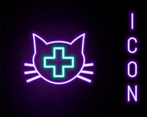 Obraz premium Glowing neon line Veterinary clinic symbol icon isolated on black background. Cross with cat veterinary care. Pet First Aid sign. Colorful outline concept. Vector.