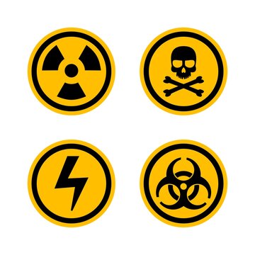 Set of warning sign. Biohazard, crossbones, high voltage, toxic, radioactive zone. Illustration vector