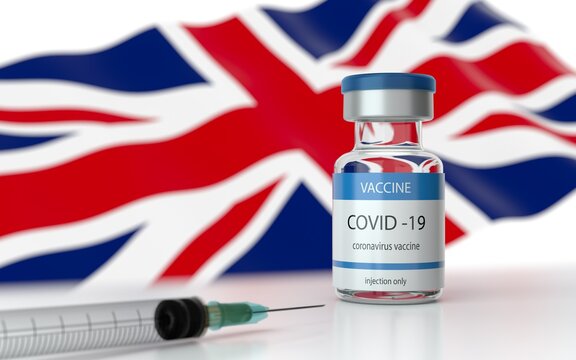 COVID 19 Vaccine approved and launched in United Kingdom UK. Corona Virus SARS CoV 2, 2021 nCoV vaccine delivery. United Kingdom flag on background and vaccine bottle. 3D illustration 