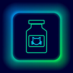 Fototapeta premium Glowing neon line Cat medicine bottle icon isolated on black background. Container with pills. Prescription medicine for animal. Colorful outline concept. Vector.