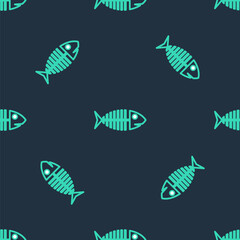 Line Fish skeleton icon isolated seamless pattern on black background. Fish bone sign. Vector.