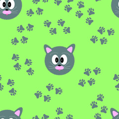 Seamless pattern with the image of a gray cat and his paws on a green background. Cat paws of an animal. For textiles, wallpapers and backgrounds.