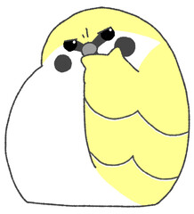 疑問に感じて眉間にしわを寄せるかわいいスズメ（黄色）