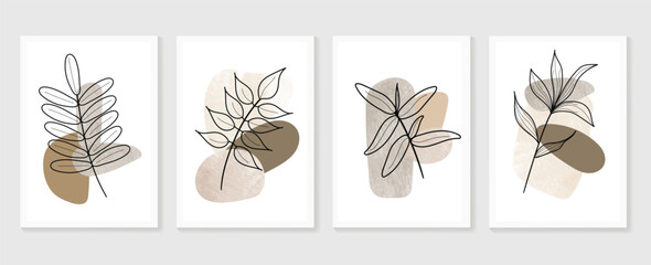 Botanical watercolor wall art vector set. Earth tone boho foliage line art drawing with  abstract shape.  Abstract Plant Art design for wall framed prints, canvas prints, poster, home decor. © TWINS DESIGN STUDIO