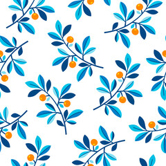 Orange tree branches isolated on white background seamless vector pattern.
