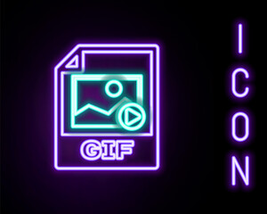 Glowing neon line GIF file document. Download gif button icon isolated on black background. GIF file symbol. Colorful outline concept. Vector.