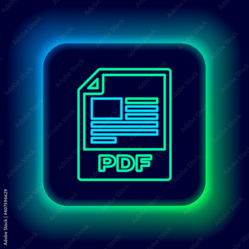 Fototapete Glowing neon line PDF file document. Download pdf button icon isolated on black background. PDF file symbol. Colorful outline concept. Vector.