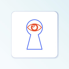 Line Keyhole with eye icon isolated on white background. The eye looks into the keyhole. Keyhole eye hole. Colorful outline concept. Vector.