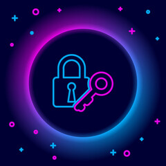 Glowing neon line Lock and key icon isolated on black background. Padlock sign. Security, safety, protection, privacy concept. Colorful outline concept. Vector.
