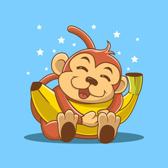 illustrasion cartoon cute monkey smile with banana and surrounded by stars