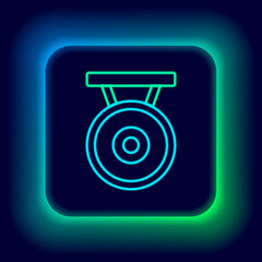 Glowing neon line Gong musical percussion instrument circular metal disc icon isolated on black background. Colorful outline concept. Vector.