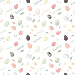 Easter seamless pattern with flowers and holiday eggs.