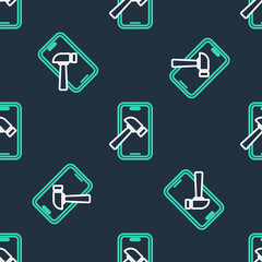 Line Smartphone with broken screen icon isolated seamless pattern on black background. Shattered phone screen icon. Vector.