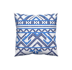 Fototapeta na wymiar A bright cotton pillow with a blue national ornament on a white background, highlighted on white. 3D-rendering