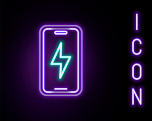 Glowing neon line Smartphone charging battery icon isolated on black background. Phone with a low battery charge. Colorful outline concept. Vector.