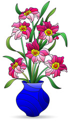 Illustration in stained glass style with an isolated element, a bouquet of daffodil flowers on a white background