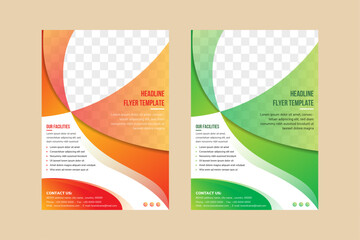Abstract curve flyer template design. quarter circle shape for space of photo collage. Advertising designs with vertical layout. white background with blue and green gradient element.