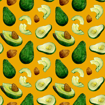 Seamless pattern with hand drawn watercolor avocado on yellow background