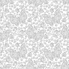 Seamless pattern with rose flowers and butterflies, dark contour flowers and insects on a white background