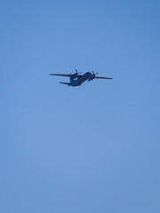 Russia, St. Petersburg - June 24, 2020: Russian military an-26 plane of the Russian Air Force in flight at the Victory Parade in World War II.