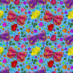 Seamless pattern with rose flowers and butterflies, bright flowers and insects on a blue background