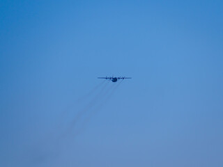 Russia, St. Petersburg - June 24, 2020: Russian military an-12 plane of the Russian Air Force in flight at the Victory Parade in World War II.