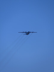 Russia, St. Petersburg - June 24, 2020: Russian military an-12 plane of the Russian Air Force in flight at the Victory Parade in World War II.
