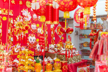 Outdoor Asia Spring Lunar Chinese New Year ornaments decorations. Red is seen as lucky and auspicious by many who believes in traditional customs.