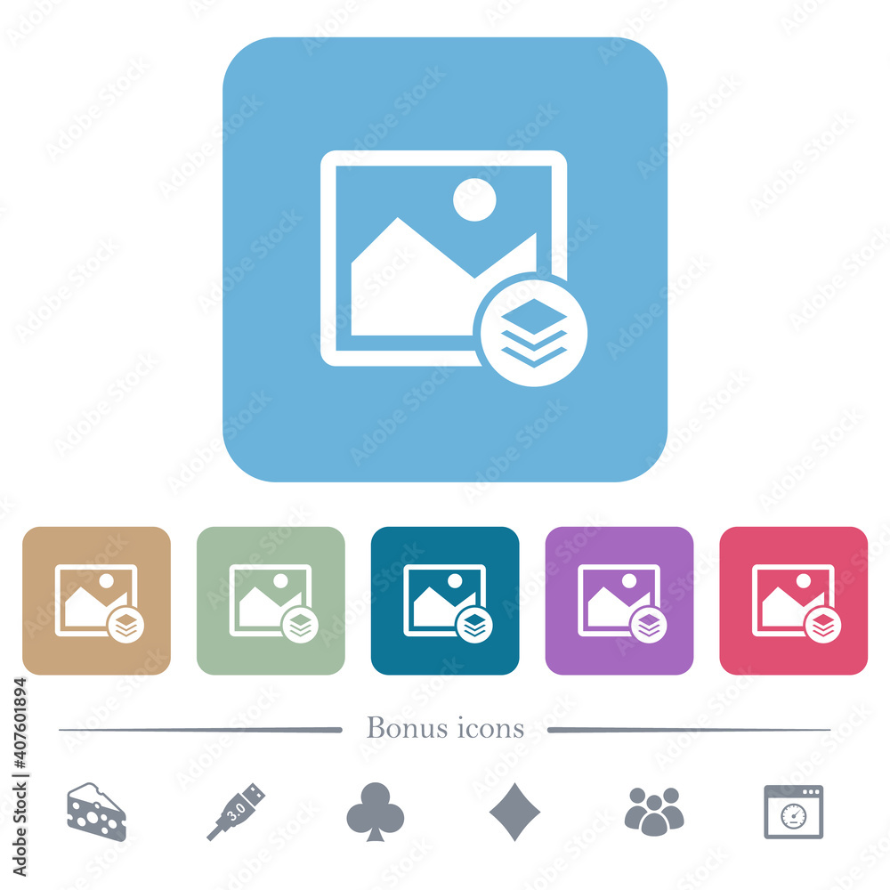 Poster image layers flat icons on color rounded square backgrounds