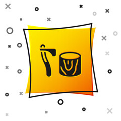 Black Wooden axe in stump icon isolated on white background. Lumberjack axe. Axe stuck in wood. Chopping wood. Yellow square button. Vector.