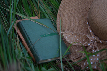 hat on the grass straw green book summer mood