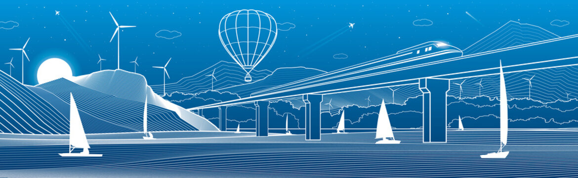 Outline illustration. View from river to night city. Hot air balloon flying over the mountains. Yachts on water. Train travels along railway bridge. White lines on blue background. Vector design town