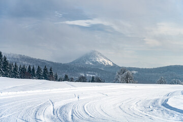 Winter hilly landscape of Lusatian Mountains