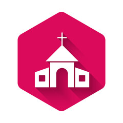 White Church building icon isolated with long shadow background. Christian Church. Religion of church. Pink hexagon button. Vector.