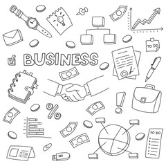 Business doodle set. Hand drawn sketch. Coloring page. Vector illustration isolated on white background.