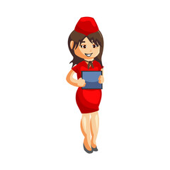 Flying attendants air hostess Profession stewardess Holding Tablet Phone cartoon character illustration