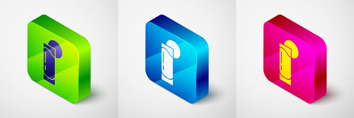 Isometric Tequila glass with lemon icon isolated on grey background. Mexican alcohol drink. Square button. Vector.