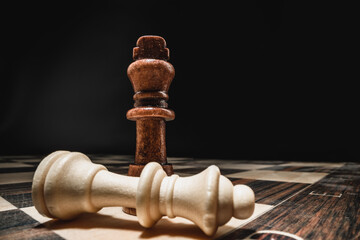 Obraz na płótnie Canvas Macro shot of wooden chess figures on board