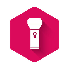 White Flashlight icon isolated with long shadow background. Pink hexagon button. Vector.