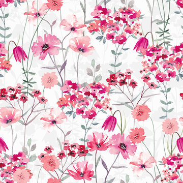 Watercolor floral seamless pattern with different wild flowers. Cute background for fabric, textile, nursery wallpaper. Hand drawn illustration.