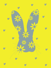 Cute hare with big ears on a postcard for Easter Day. Happy Easter. Illuminating and Ultimate gray. Vector illustration.