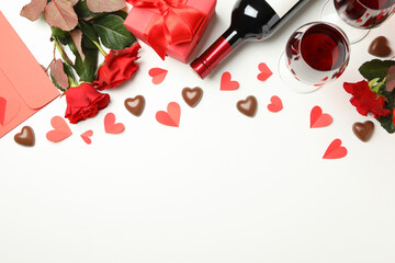 Concept of Valentine's day with different accessories on white background