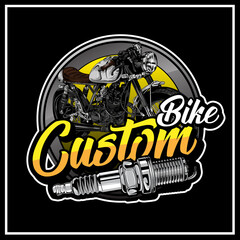 Set vector black vintage badges, emblems with a custom motorcycle. Print, template, advertising design element for the motor club, motorcycle repair shop.