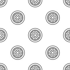 Grey line Car wheel icon isolated seamless pattern on white background. Vector.