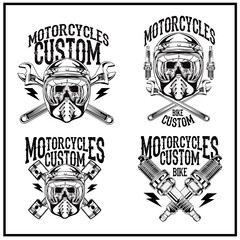 Set vector black vintage badges, emblems with a custom motorcycle. Print, template, advertising design element for the motor club, motorcycle repair shop.